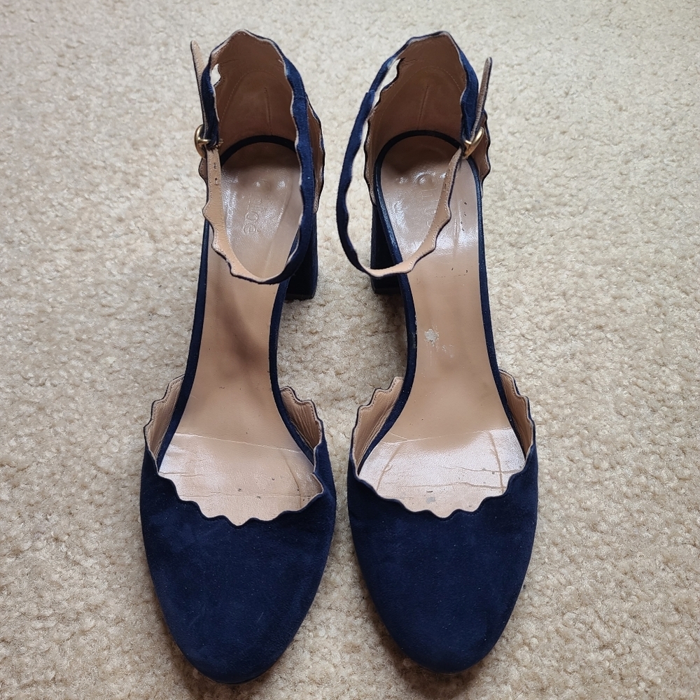 Chloe Navy Suede Scalloped D’Orsay Heels Size 39.5 - Picture 2 of 8